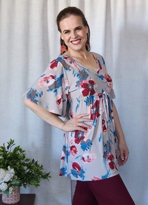 Zanel Drawstring Tunic Top made with Printed Bon-Bon with Flared Elbow Sleeves