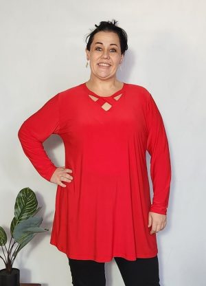 Lady in a Red Bon-Bon Eliza Twist Neck Top that is Tunic Length and Long Sleeves, made in South Africa