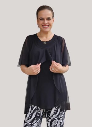 Hesti Front Open Top in Black Mesh with Flared Sleeves, custom-made by J&S Creations in South Africa. A stylish and versatile design, perfect for women seeking elegance and comfort in their wardrobe.