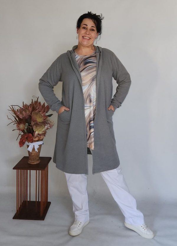 Zelda Cosy Hoodie Pocket Cardigan in Cosy Spandex Knit 260gsm long length ideal for taller ladies