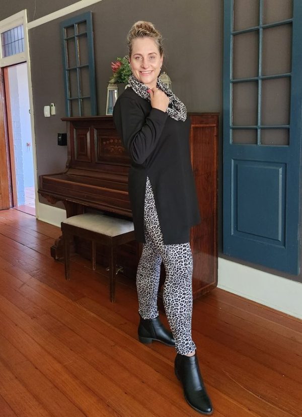 Woman wearing the Lilly 3-Piece Set by J&S Creations in Black Ponti Roma, paired with leopard print DTY brush knit leggings and matching snood. A bold and cozy look designed for comfort and confidence, custom-made in South Africa for women of all sizes from Small to 6XL.