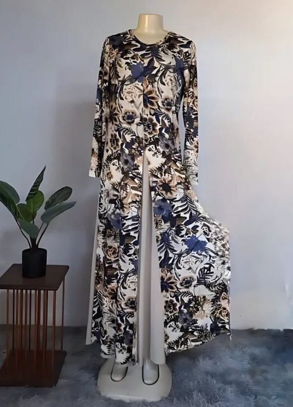 J&S Creations Mannequin wearing the Lizelle Triple Slit Maxi Top with Long Sleeves in DTY Bon-Bon Vintage Floral and Anja Sleeveless Maxi Dress in Stone Bon-Bon perfect Mother of the Bride Set